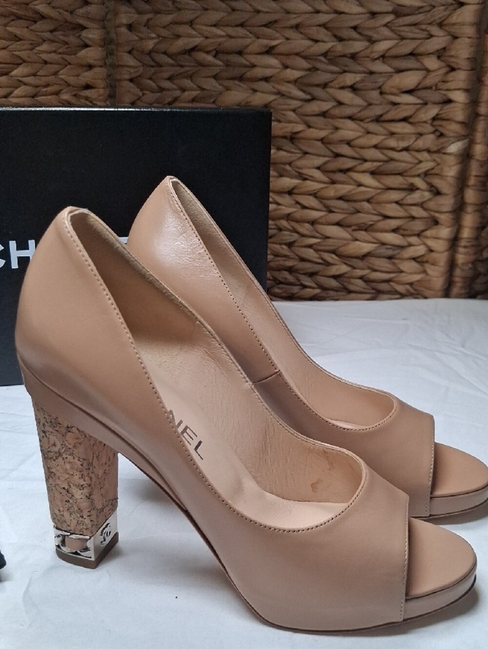 CHANEL Beige Leather Peep-Toe Pumps with Embellished Block Heel - Picture 2 of 12